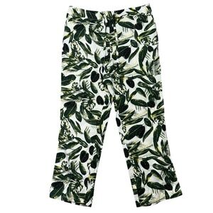 Per Se Womens Pants XL White Green Palm Tree Leaf Linen Coastal Resort Vacation